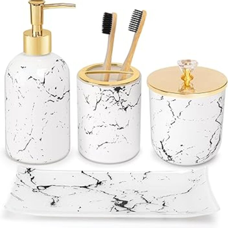 Haturi Glass Bathroom Accessories Set – 4-Piece Marble-Style