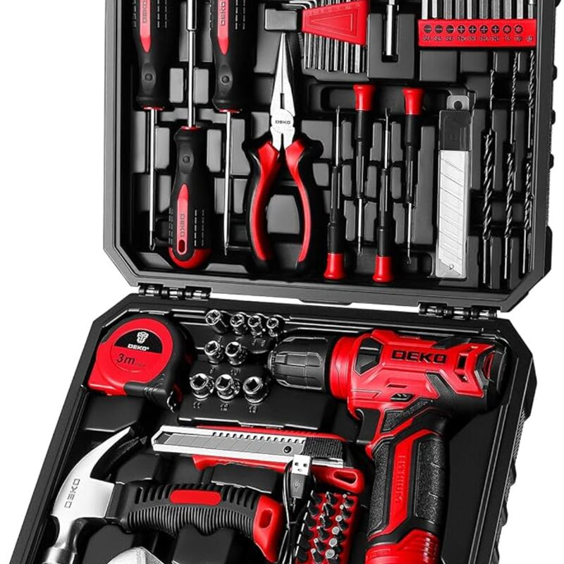 DEKOPRO Drill Set: Tool Set with 8V Red Cordless Drill, Home