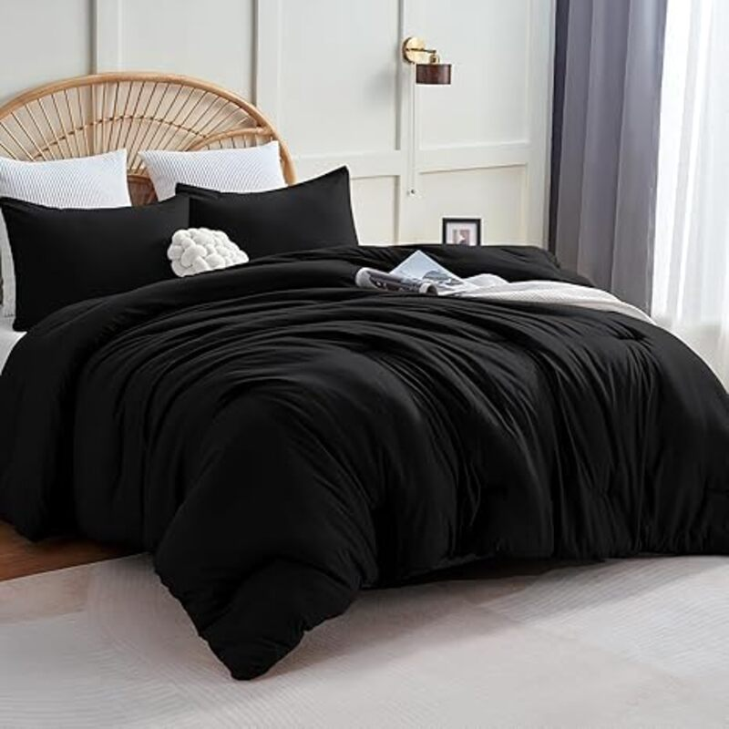 CozyLux Queen Comforter Set Black, 3 Pieces Solid Comforters