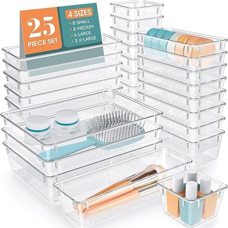 WOWBOX 25 PCS Clear Plastic Drawer Organizer Set, 4 Sizes