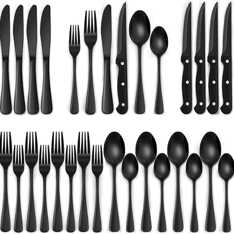 EWFEN 24-Piece Black Silverware Set with Steak Knives, Black
