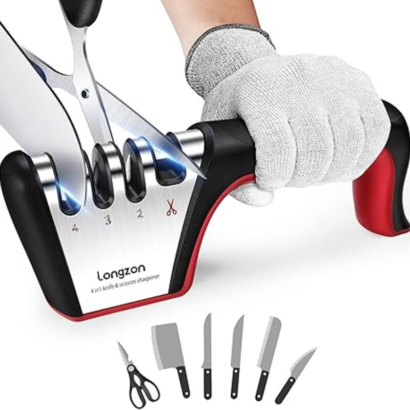 Longzon 4-in-1 Knife Sharpener [4 Stage] with a Pair