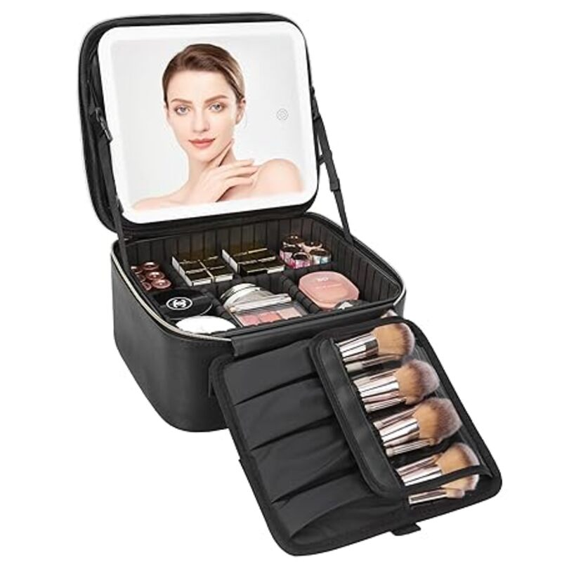 Relavel Travel Makeup Bag With LED Mirror, Cosmetic Train