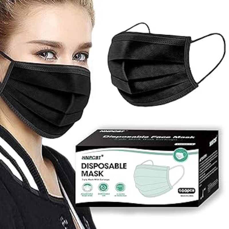 NNPCBT 100PCS 3 Ply Black Disposable Face Mask Filter