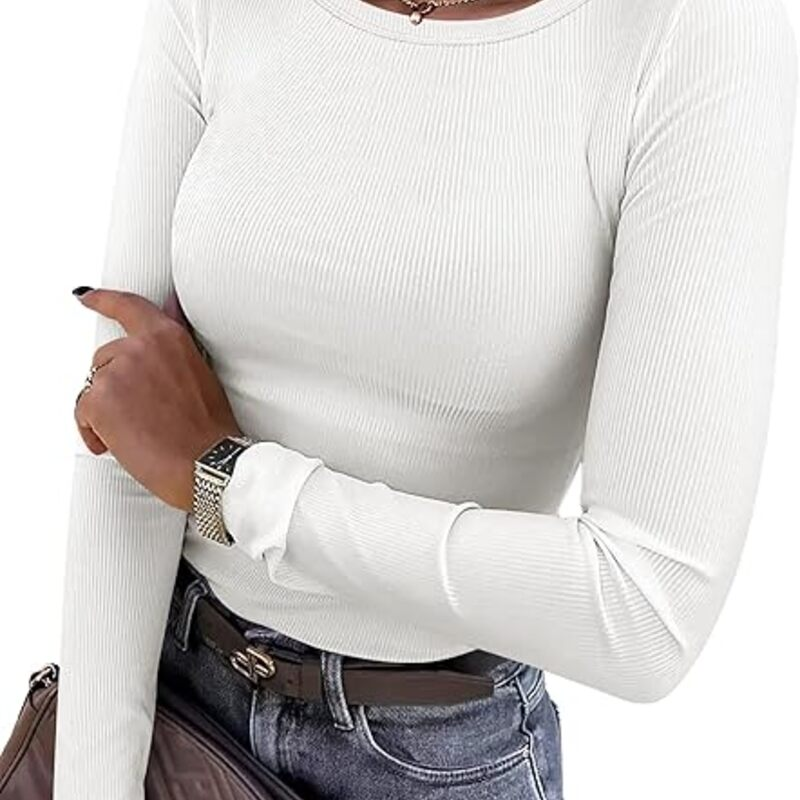 ANRABESS Women Long Sleeve Shirts Rib Knit Slim Fit Tops