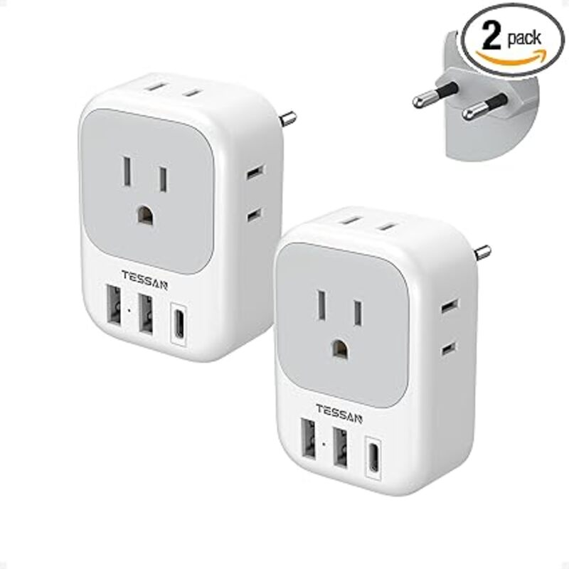 2 Pack European Plug Adapter USB C, TESSAN US to Europe