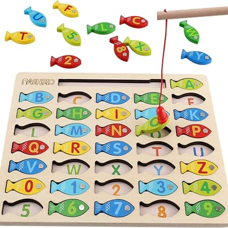 Magnetic Wooden Fishing Game Toy for Toddlers, Alphabet Fish